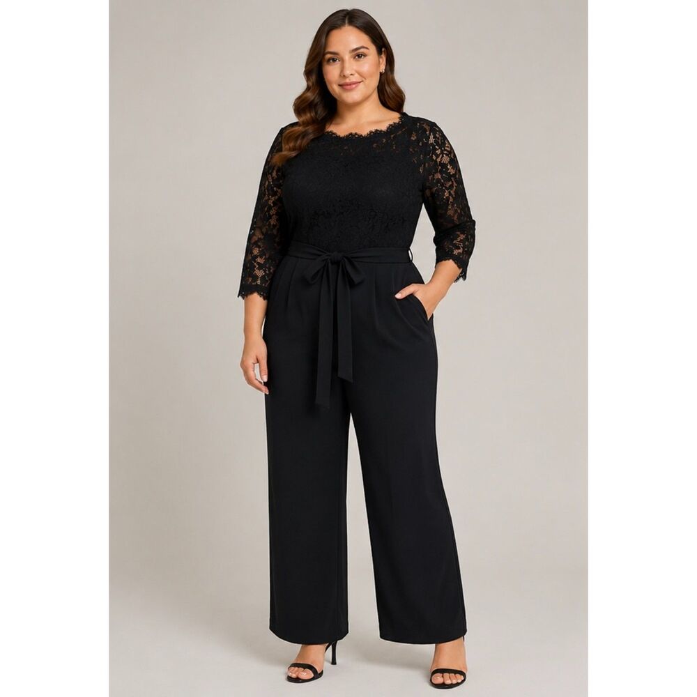 Talbots Wide Leg Lace Top Belted Jumpsuit Black 12
